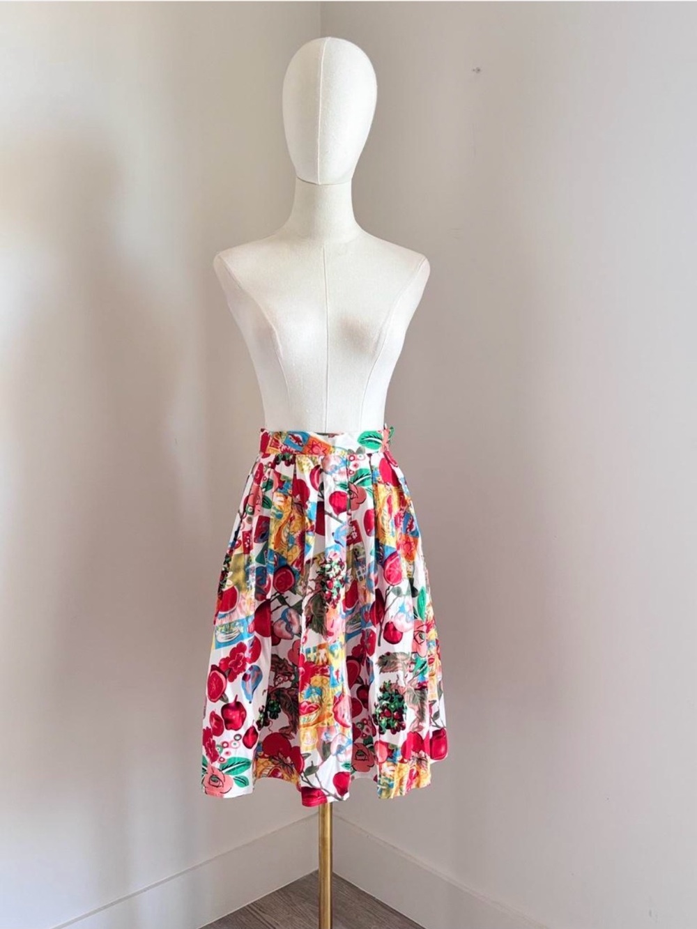 Grace Karin White Midi Skirt with Bright Floral & Fruit Print